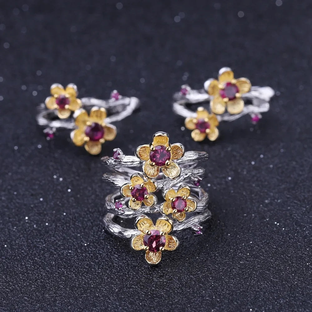 925 Sterling Silver Handmade Ring -  0.96Ct Natural Rhodolite Garnet Plum Blossom Flower Rings