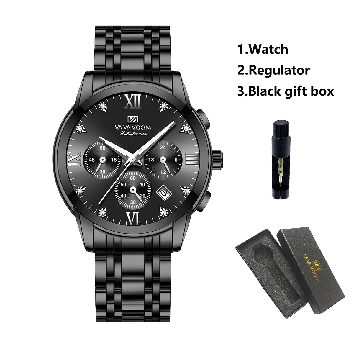 Men Multifunctional Watch - Fashionable Stainless Steel Strap - Blue Gold Rhinestone Clock