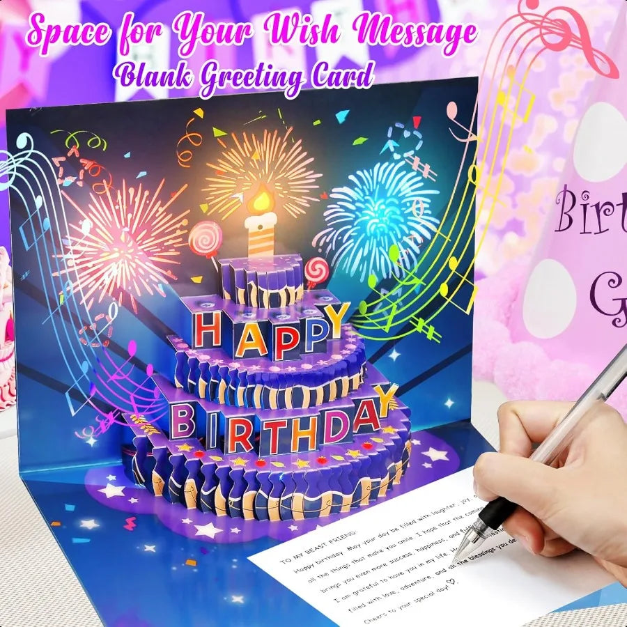 Fireworks Birthday Cards 3D Pop Up Blowable Cake. Greeting Cards with Lights Music Happy Birthday