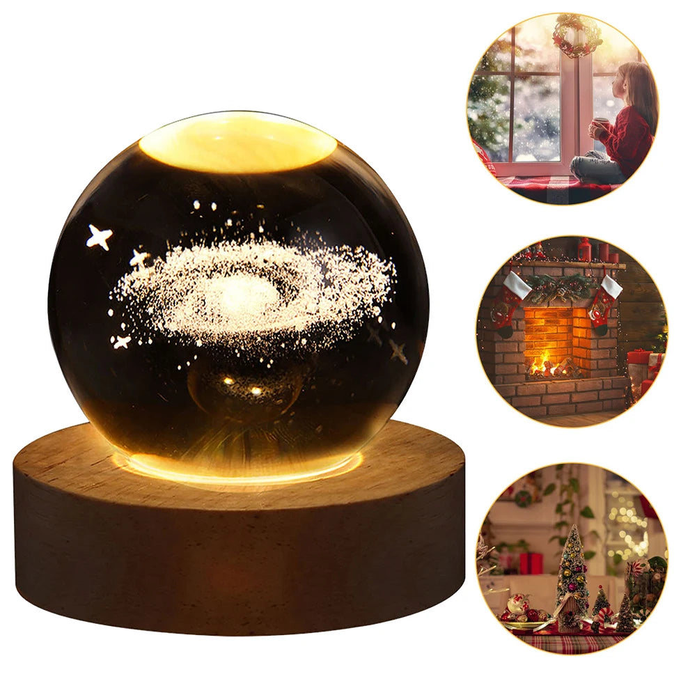 LED Crystal Ball Night Light - Crystal Ball Lamp with Wooden Base - USB Charging