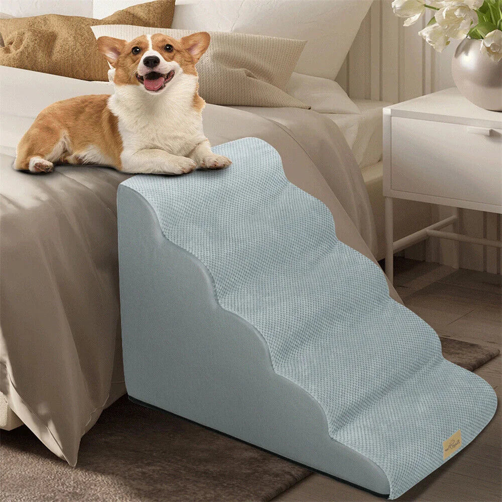 Dog Ramp Step Stairs - 5 Steps - Pet Stairs for High Beds and Sofa - Density Sponge Foam -  Removable Washable Cover