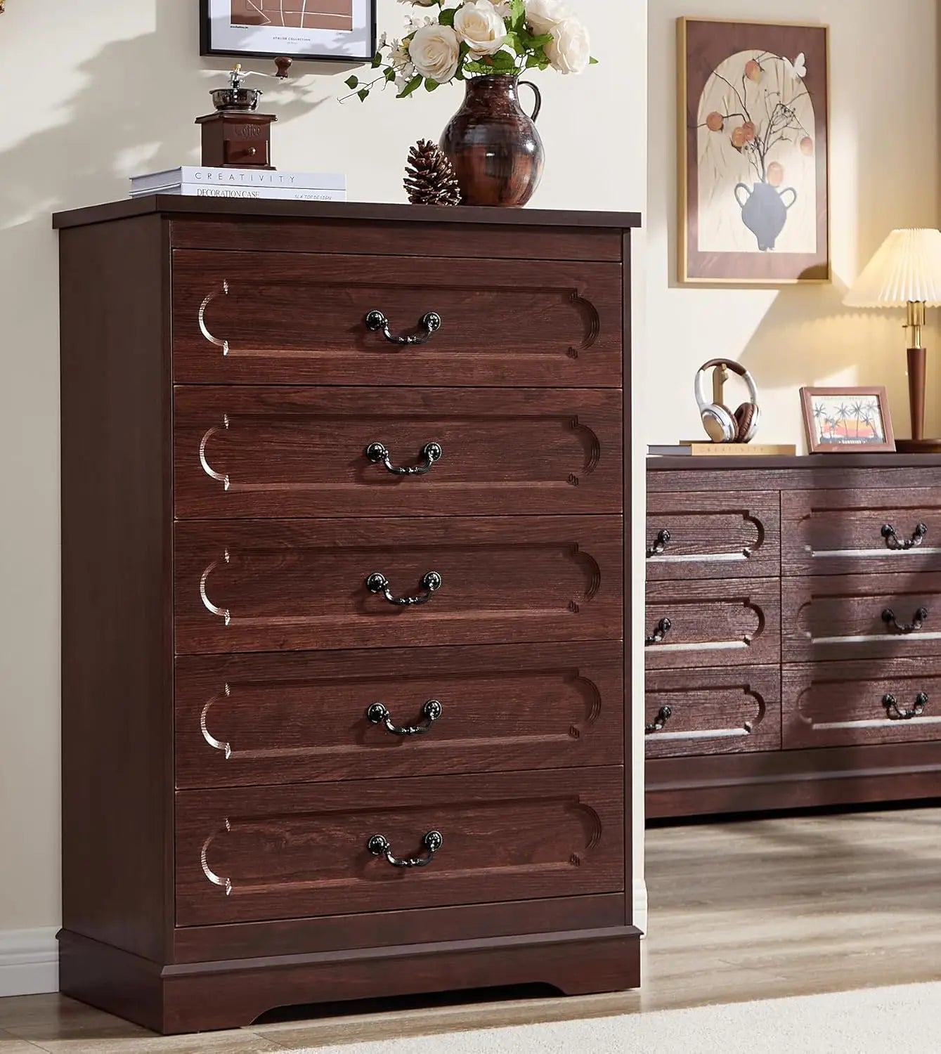 5 Drawer Dresser for Bedroom  Cherry Wood