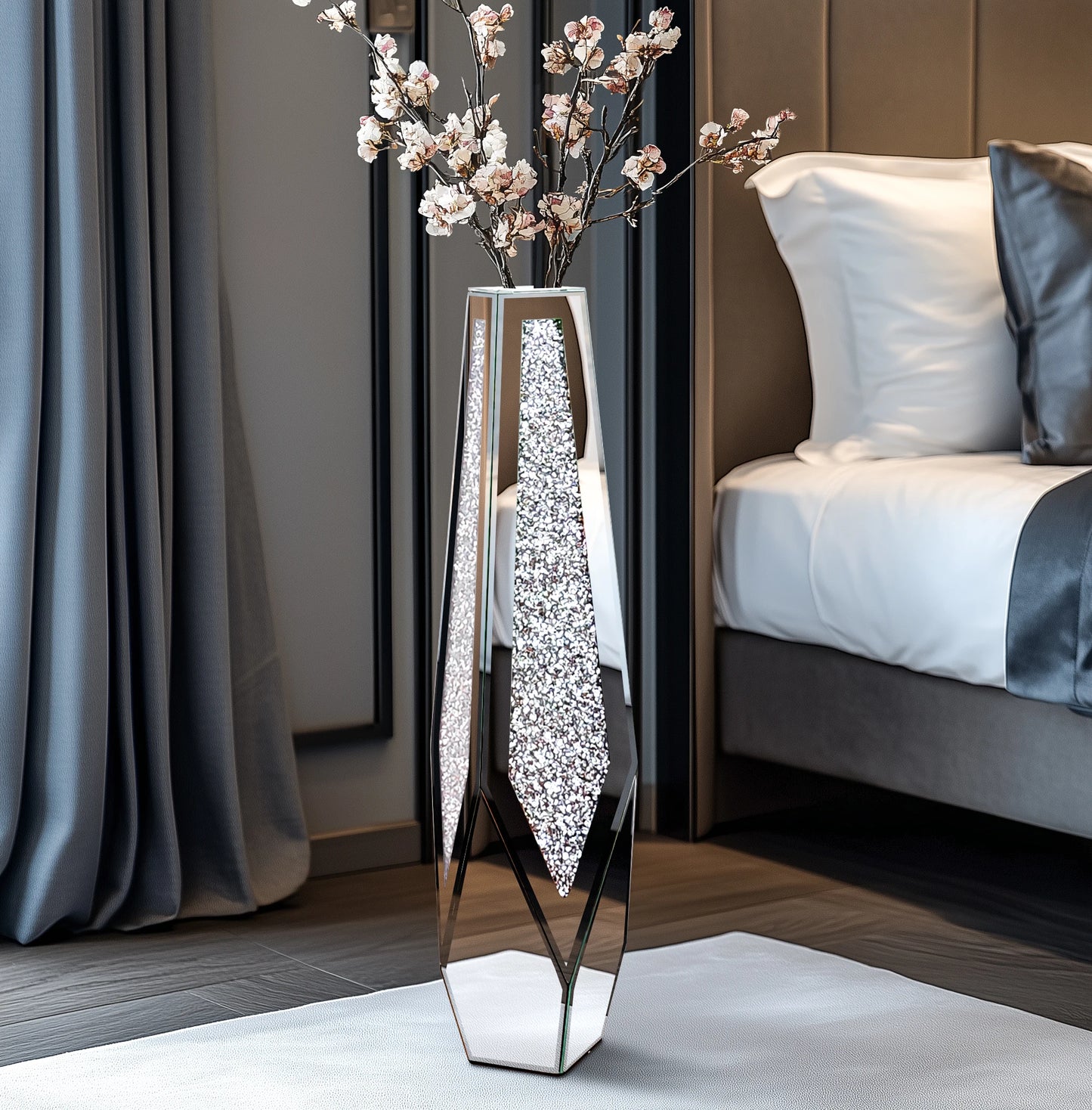 Modern Large Crushed Diamond Glass Vase for Home Decor   -  Crystal Centerpiece for Living Room