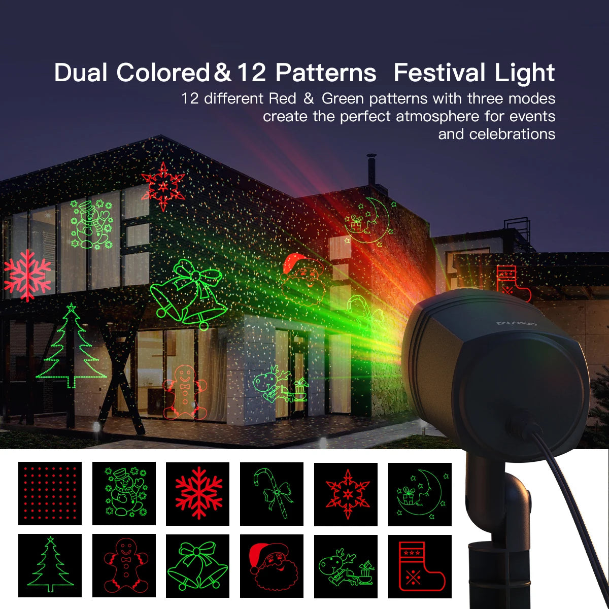 Christmas Projector Lights Outdoor with Remote, Holiday Projector Lights with Red and Green 12 Christmas Decoration Patterns