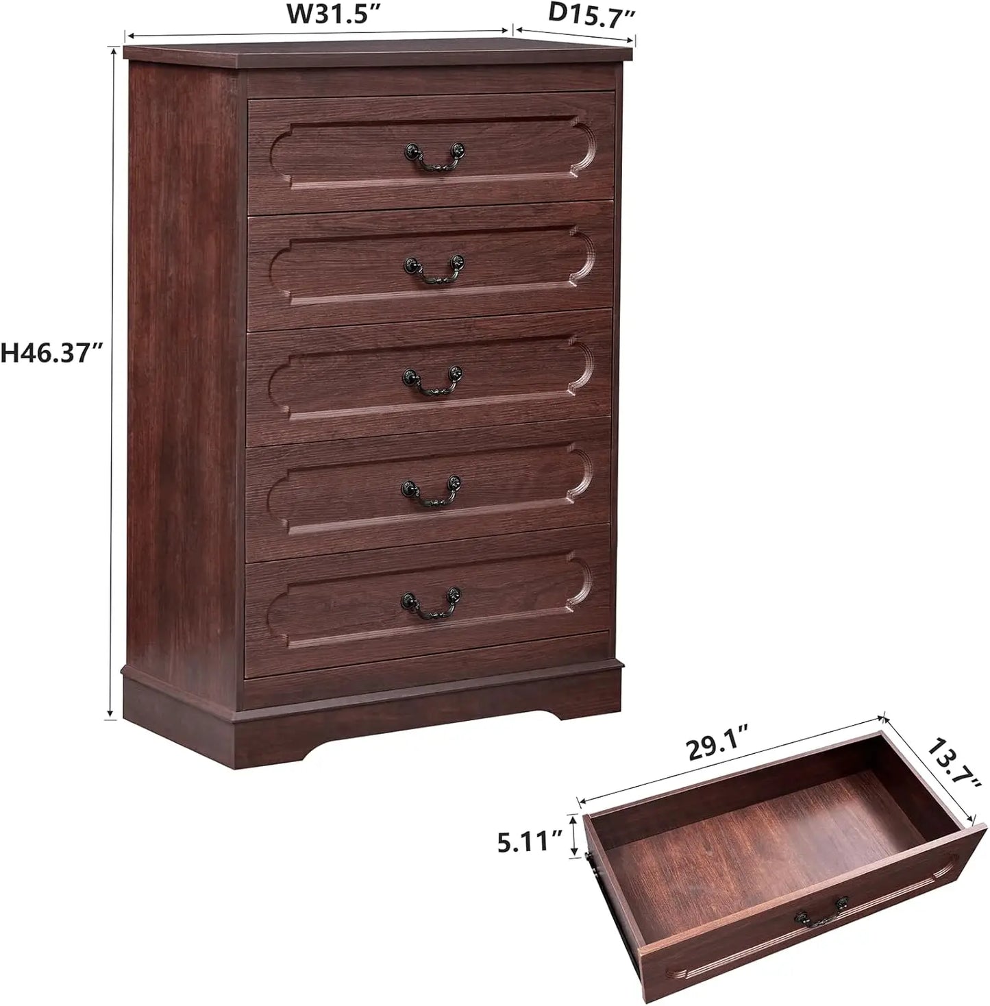 5 Drawer Dresser for Bedroom  Cherry Wood