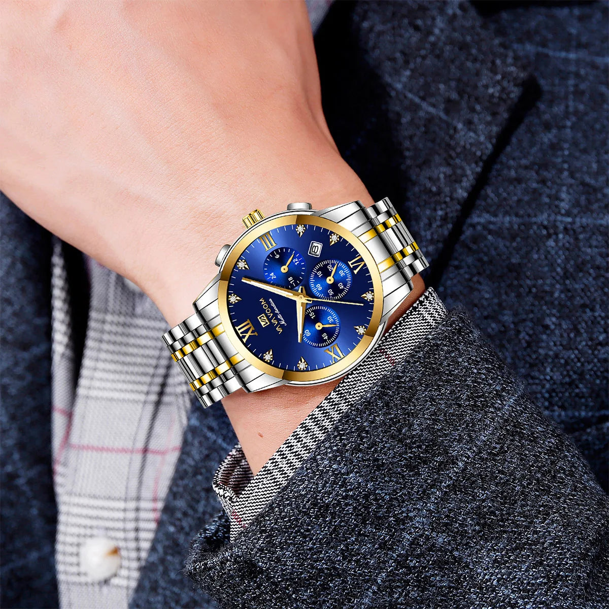 Men Multifunctional Watch - Fashionable Stainless Steel Strap - Blue Gold Rhinestone Clock