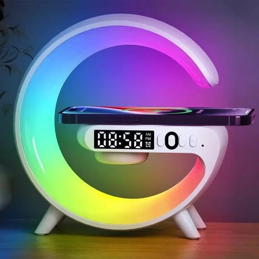 5.9" Fast Wireless Charger Desktop Stand Bluetooth Speaker - TF Clock RGB Atmosphere Light Lamp