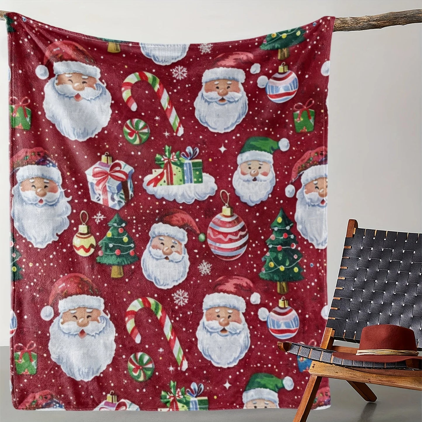 Vintage Christmas Santa Claus Snowflake Candy Cane - Tree Presents Pattern Flannel Throw Blanket – Cozy, Warm