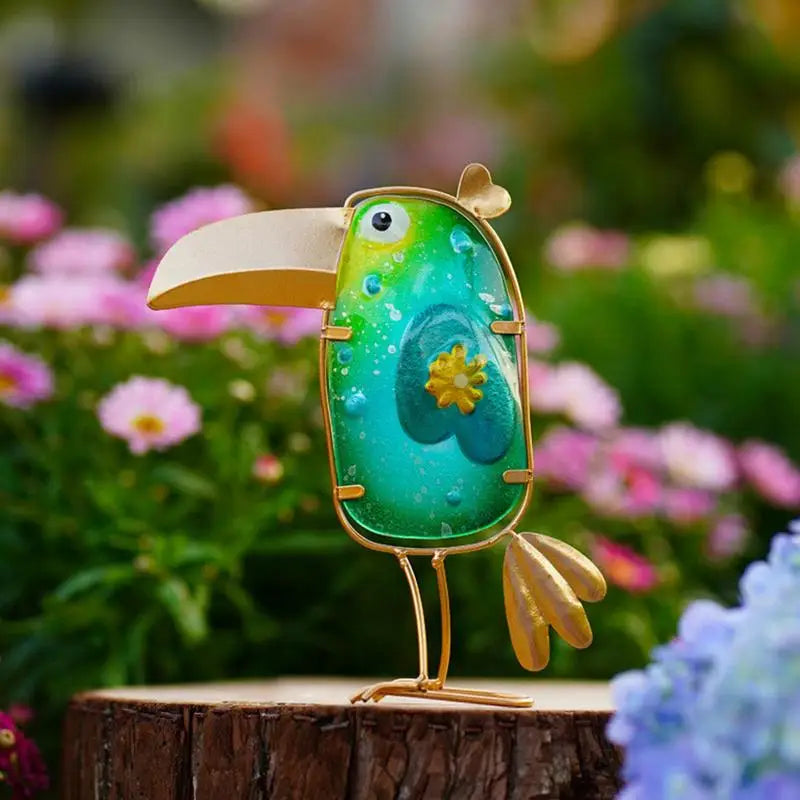 Bird Figurine Colorful Metal Glass  Set Of 3 Garden Art Statues