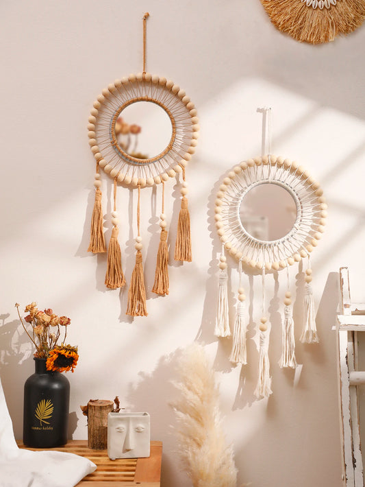 Wall Mirror Macrame Wooden Beads