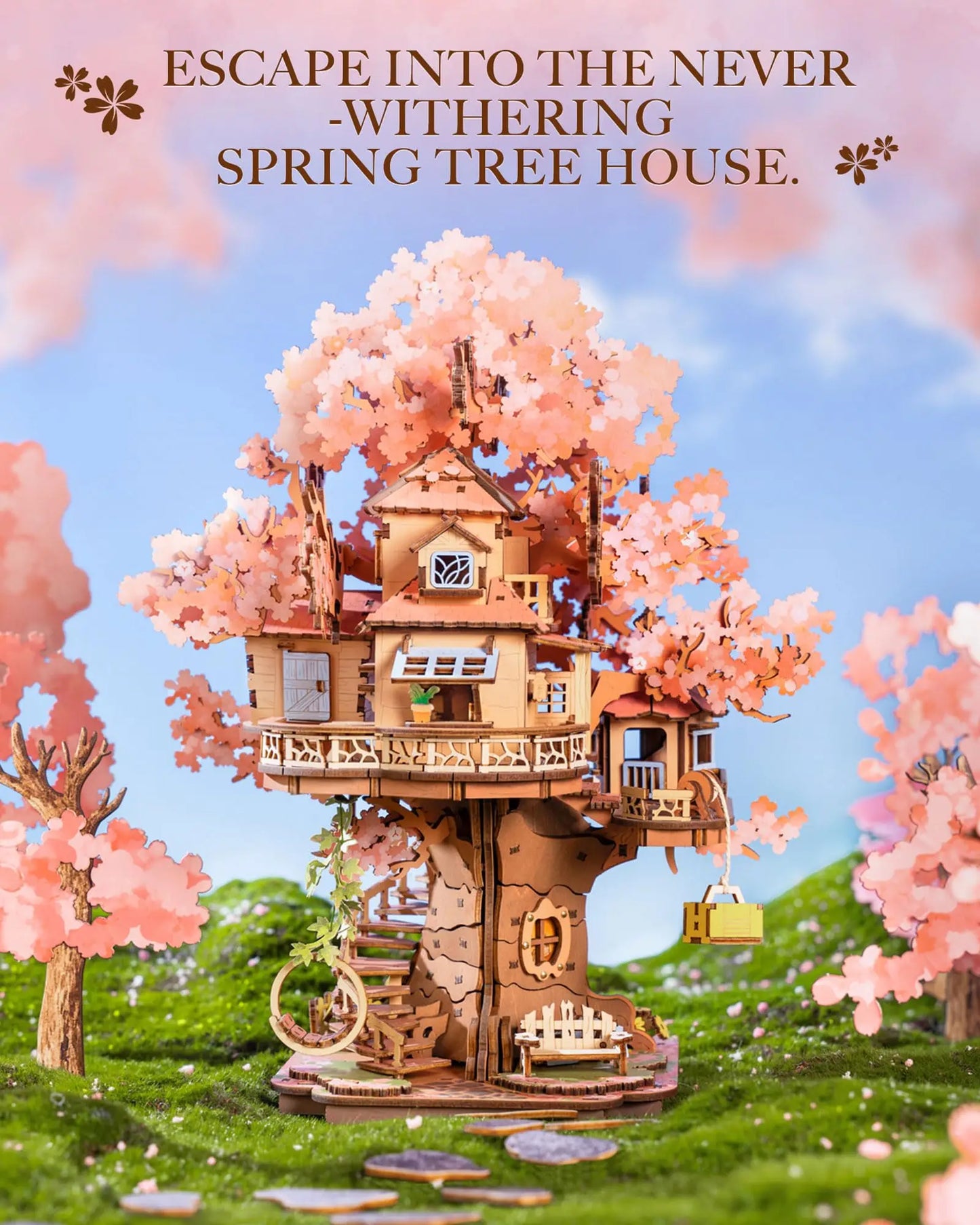 Robotime  Sakura Tree House 3D Wooden Puzzle - Model Kit with Swing Stairs - Perfect Christmas Home Decor- DIY Gift for Adults