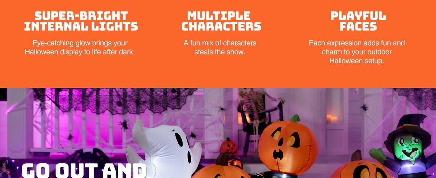 JOYFY 8 ft Long Halloween Inflatable - Three Characters and Pumpkin Patch Outdoor Decoration - Inflatable Witch Ghost Skeleton Yard