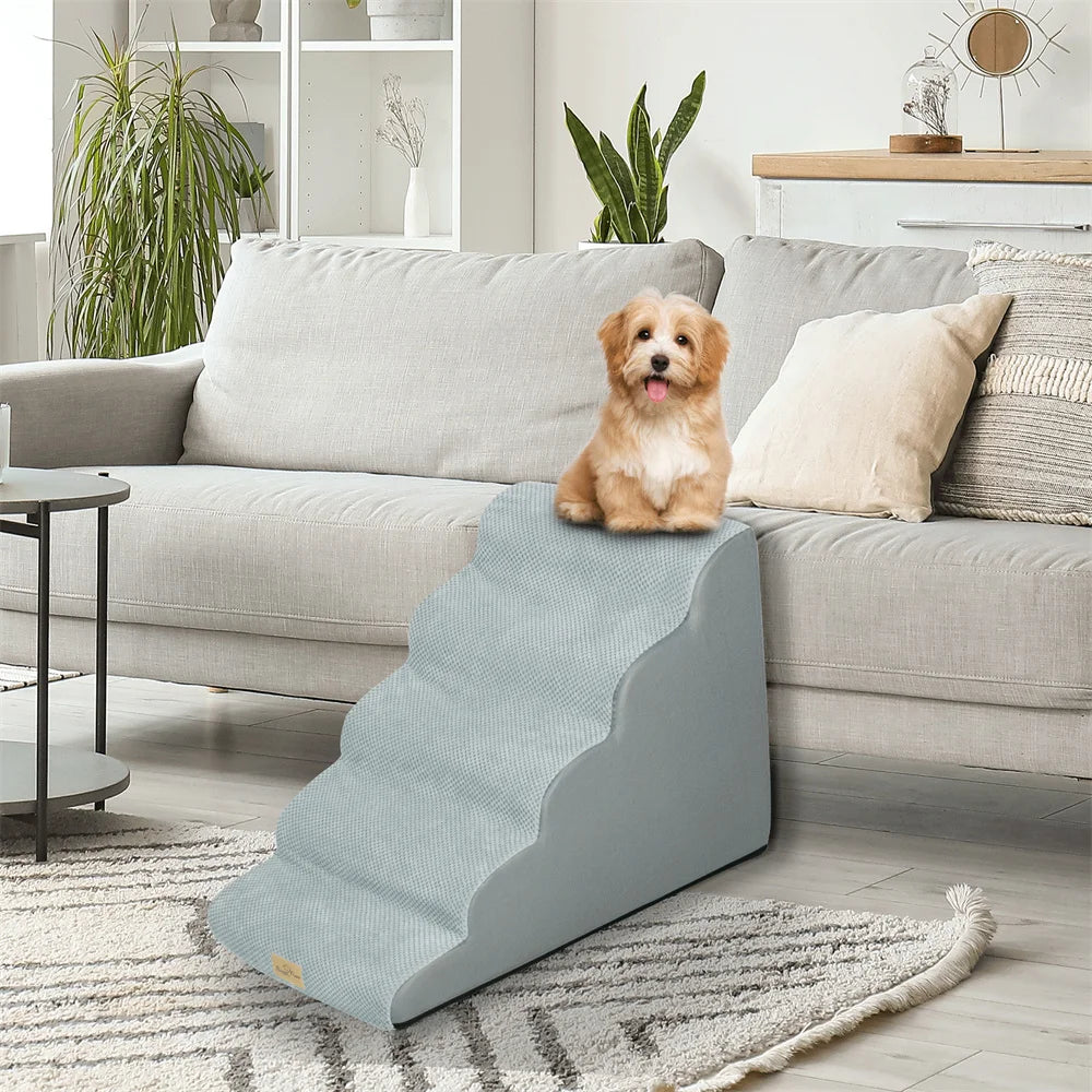 Dog Ramp Step Stairs - 5 Steps - Pet Stairs for High Beds and Sofa - Density Sponge Foam -  Removable Washable Cover