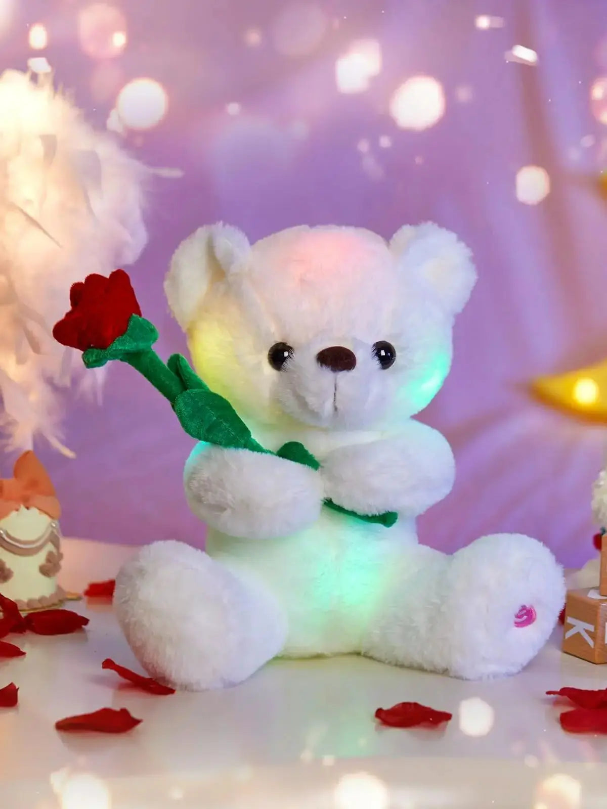Glow White Teddy Bear with Rose Stuffed Animal - Soft Light Up - Plush Toy LED Night Lights Holiday Gifts