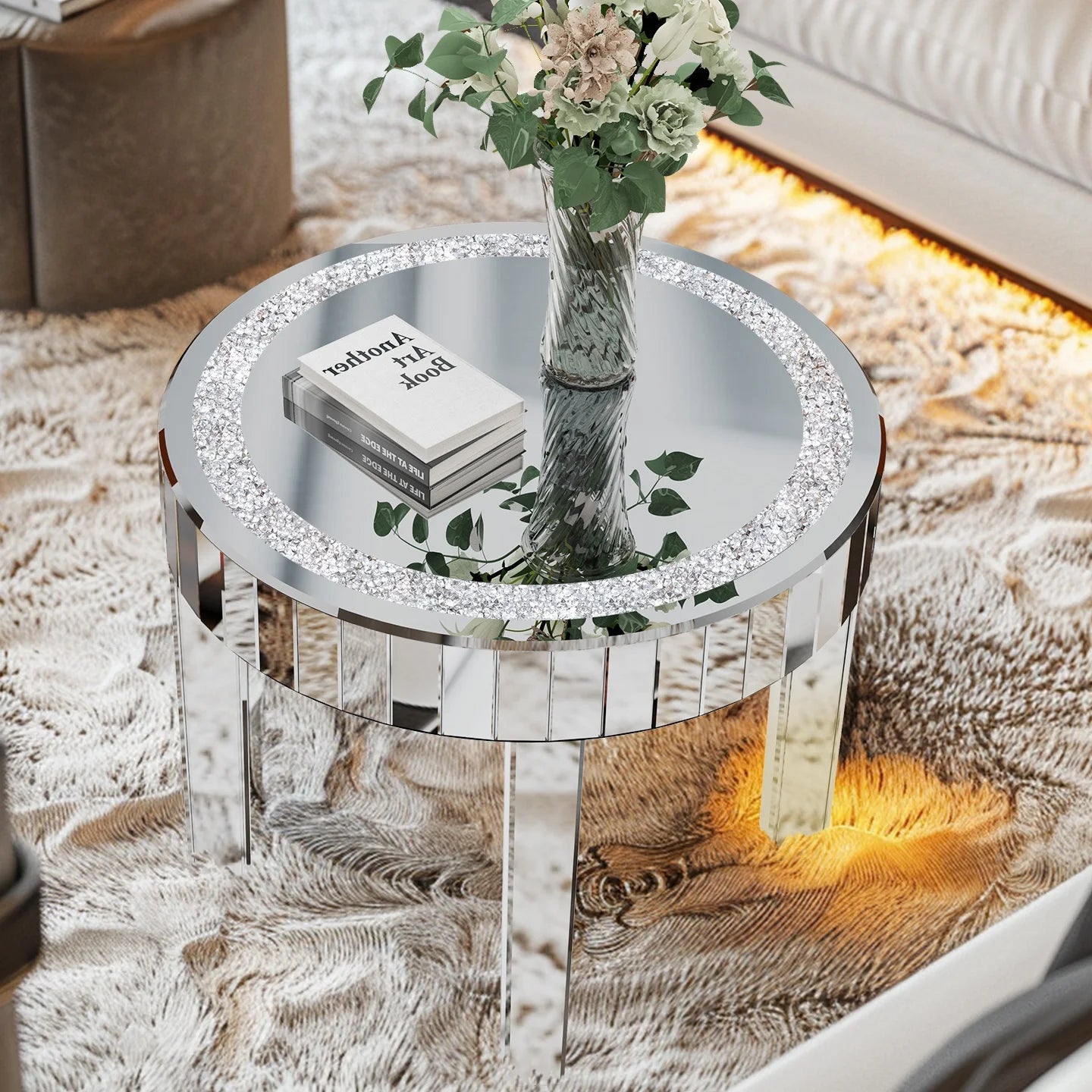 Luxury Modern Round Mirrored Accent Side Table with Crystal Diamonds