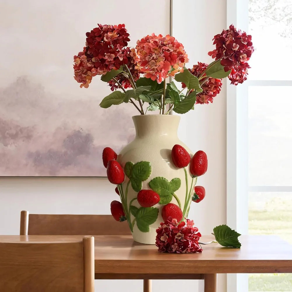 Unique Ceramic Flower Vase, - Modern Decorative Pottery Vases for Dining Table or Living Room Decor,- Ivory with Red Strawberries