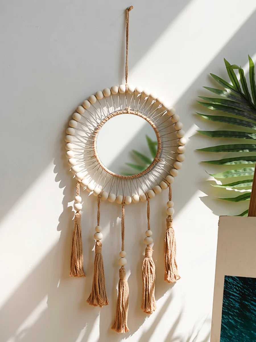 Wall Mirror Macrame Wooden Beads