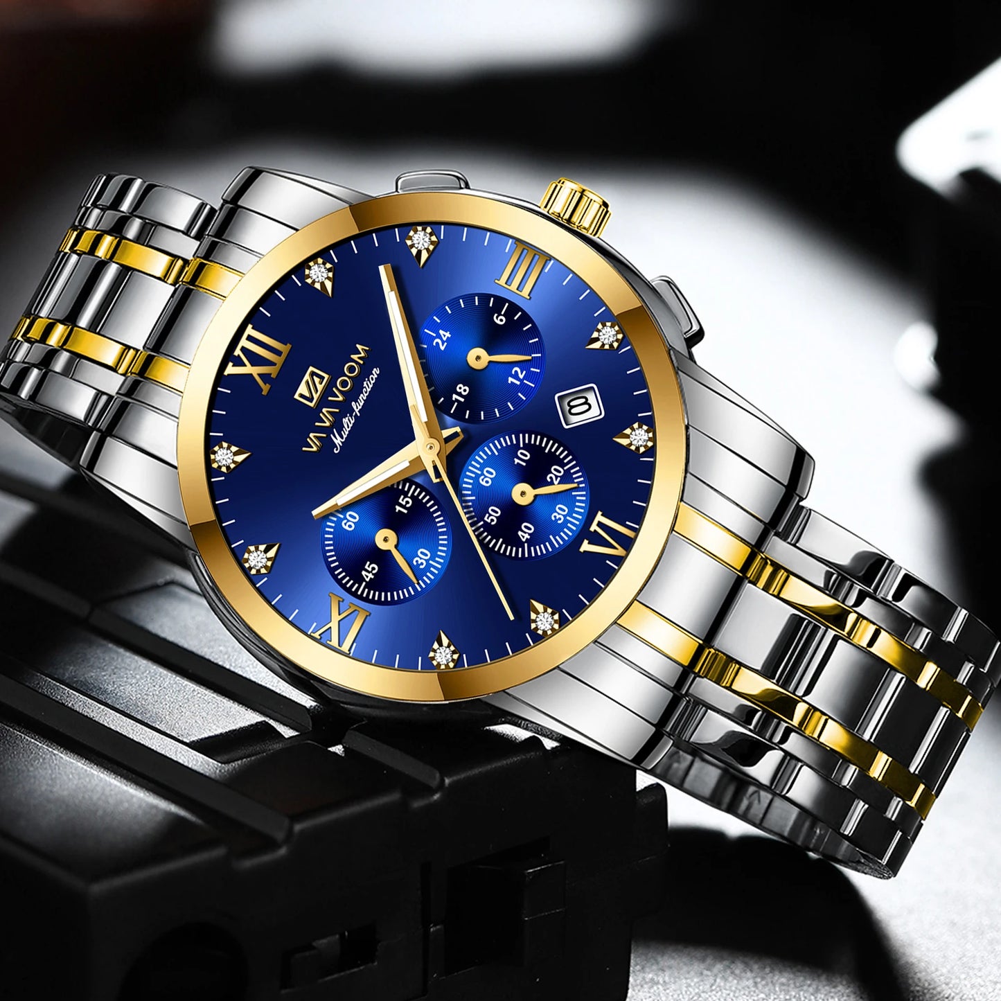 Men Multifunctional Watch - Fashionable Stainless Steel Strap - Blue Gold Rhinestone Clock