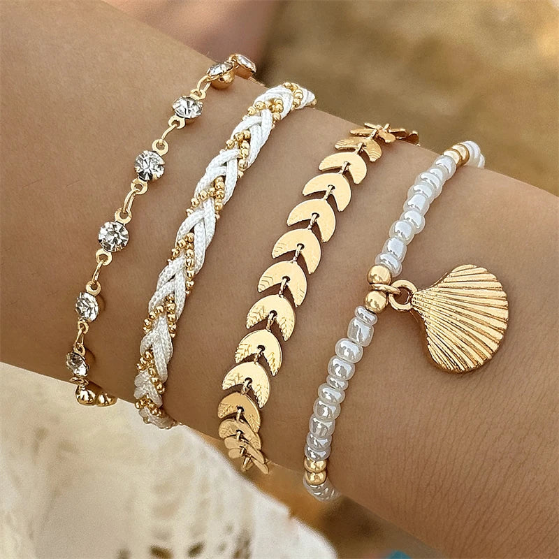 4pcs/set Bohemia Shell Bracelets for Women -  Metal Chain Bangles