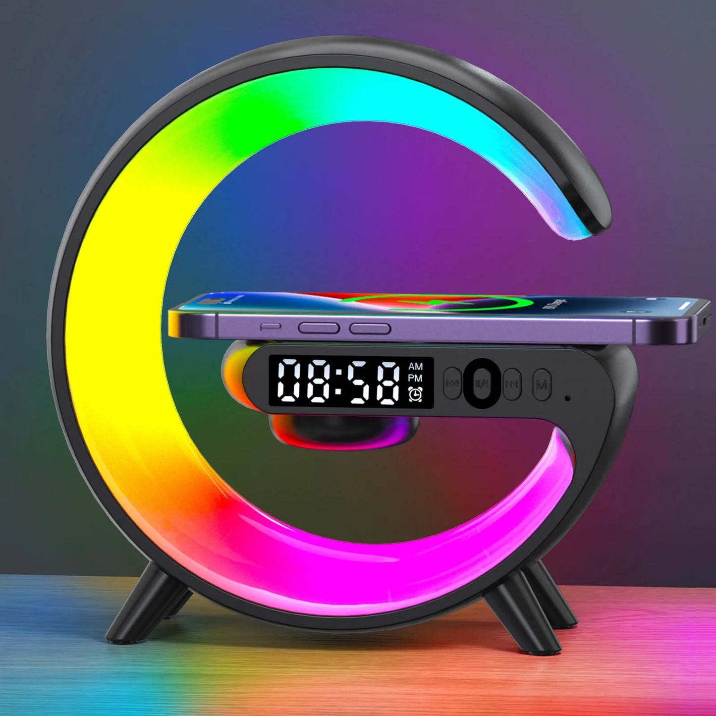 5.9" Fast Wireless Charger Desktop Stand Bluetooth Speaker - TF Clock RGB Atmosphere Light Lamp