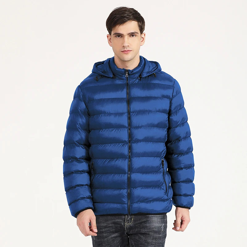 Men's Down Puffer Jacket - Cotton Padded Winter Jacket - Hooded Down Coat - Water and Wind-Resistant Coat