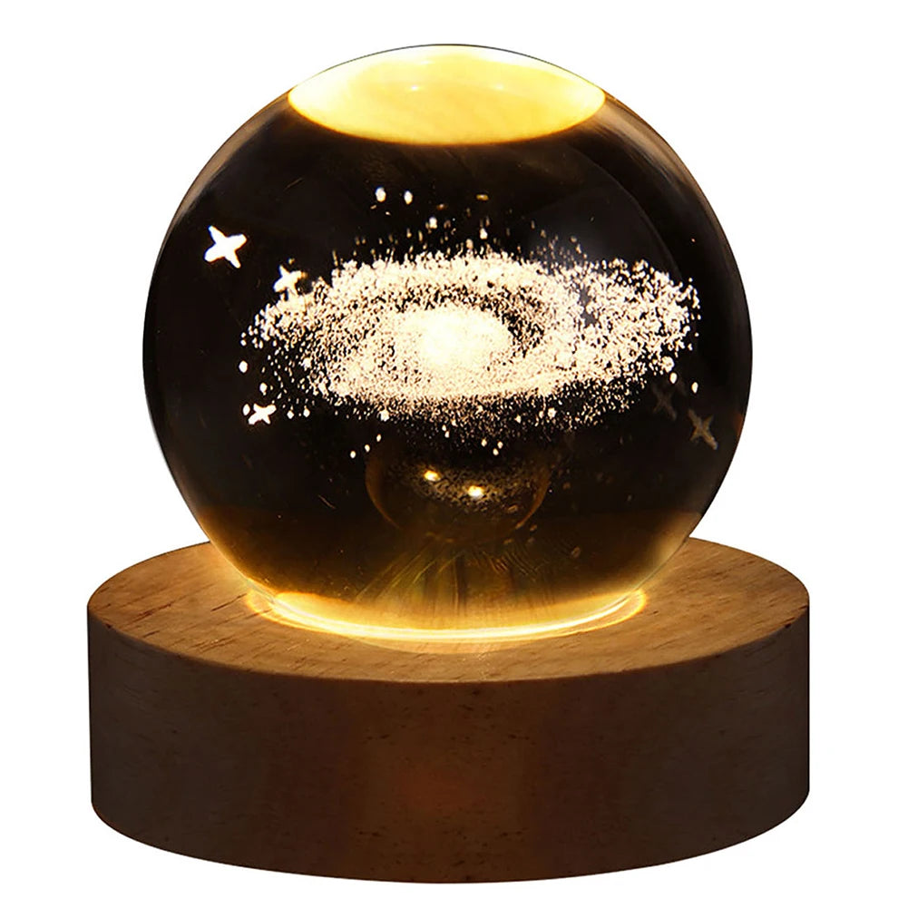 LED Crystal Ball Night Light - Crystal Ball Lamp with Wooden Base - USB Charging