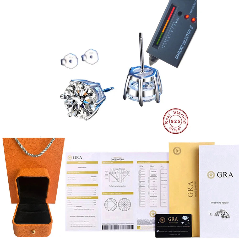 925 Sterling Silver - GRA Certified 0.5-3CT - Real Moissanite -  Six-jaw Stud Earrings