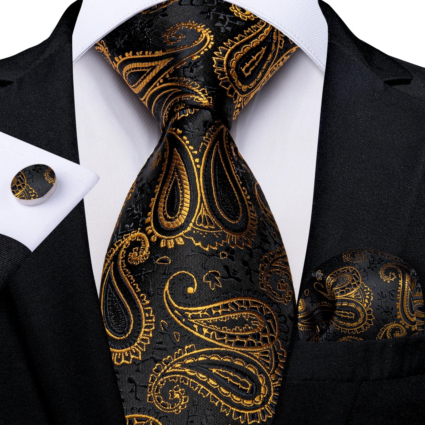 Luxury Mens Tie Black Golden Jacquard Necktie Pocket Square Cufflinks