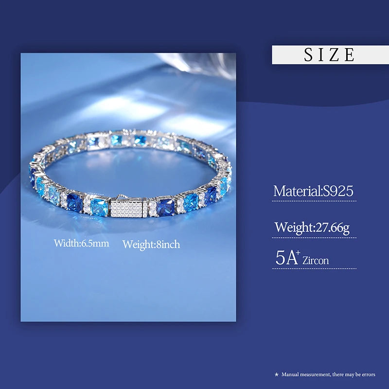 Original Gradient Blue Square Tennis Bracelet For Women S925 Sterling Silver Men Unisex Hip Hop Jewelry Party Gift New 2024