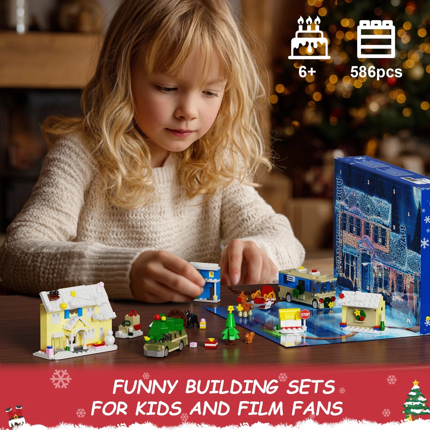 Christmas Holiday Advent Calendar - Building Blocks Set 24 Surprises - Festive Decor with Houses, RV, Car,Gifts for Boys and Girls