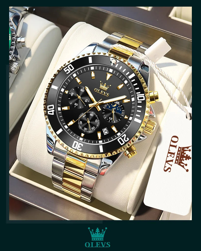 Moon Phase Men's Watches - Original Waterproof Luxury Quartz Watch Stainless Steel Chronograph