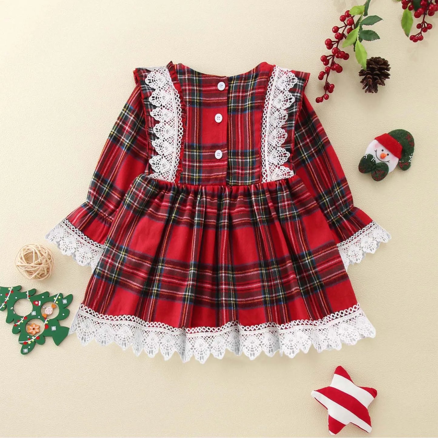 Baby Girl Dress 2025 - Toddler Girls -Christmas Long Sleeved Lace Plaid Printed Patchwork Dress