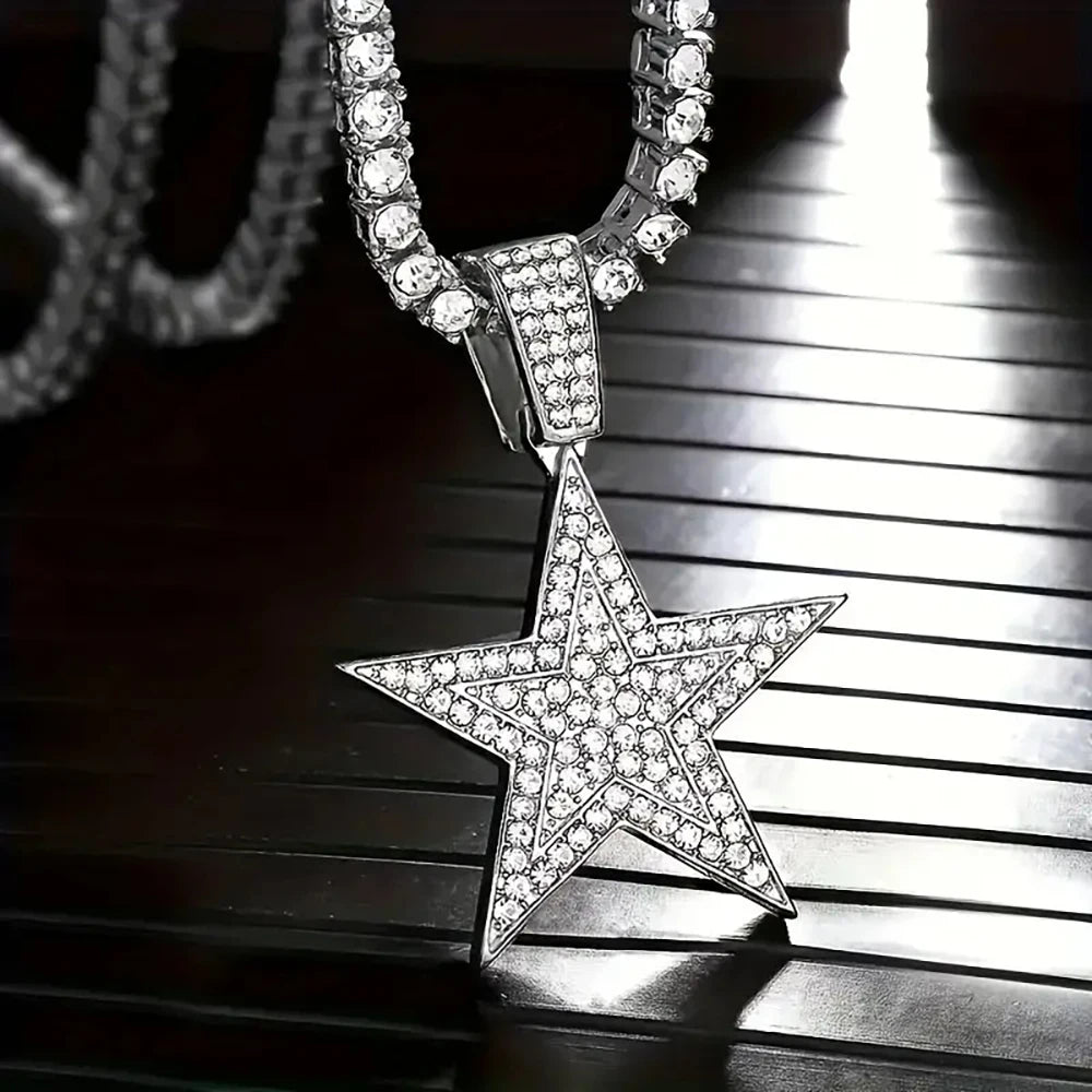 Iced Out Popular Full Rhinestone Star Shape Pendant  - Match with a 20inch Tennis Chain