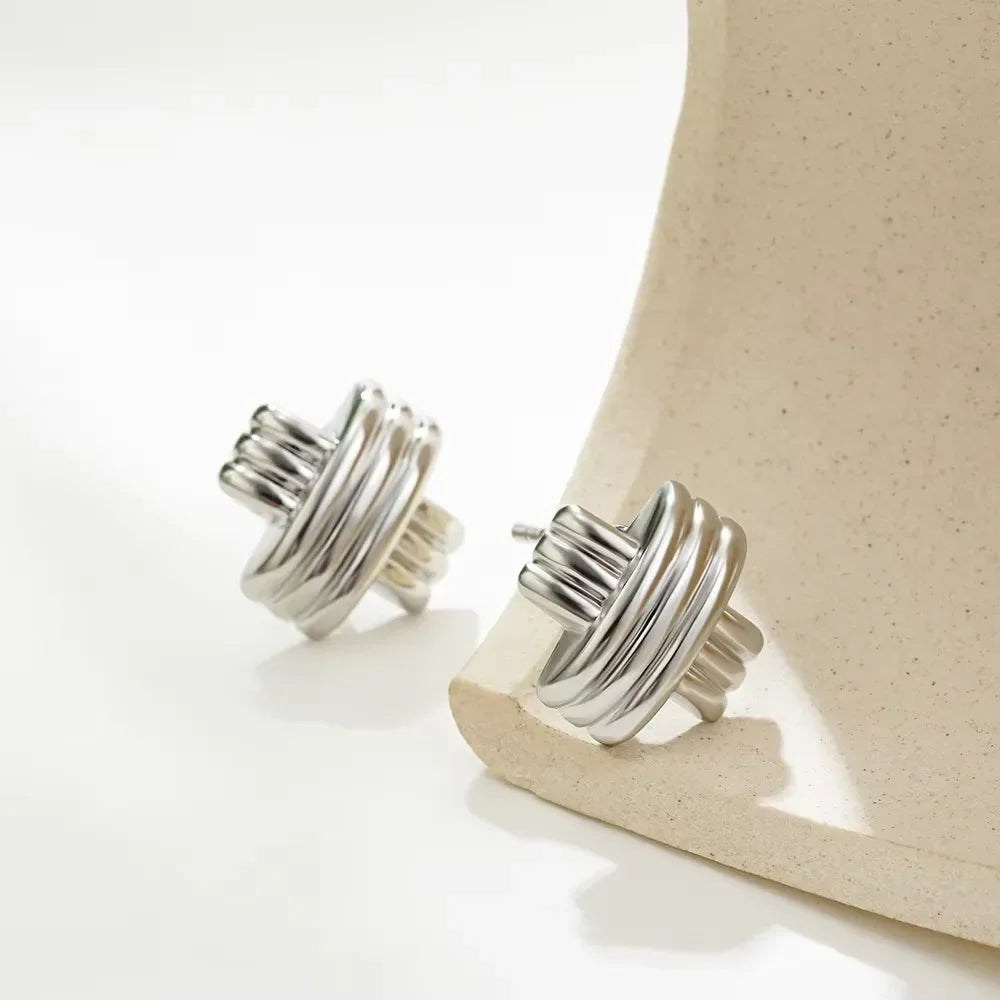 Fashion Glossy Three-Layer Textured Intersecting Knot Earrings for Women - Gold Color Stainless Steel Earring V