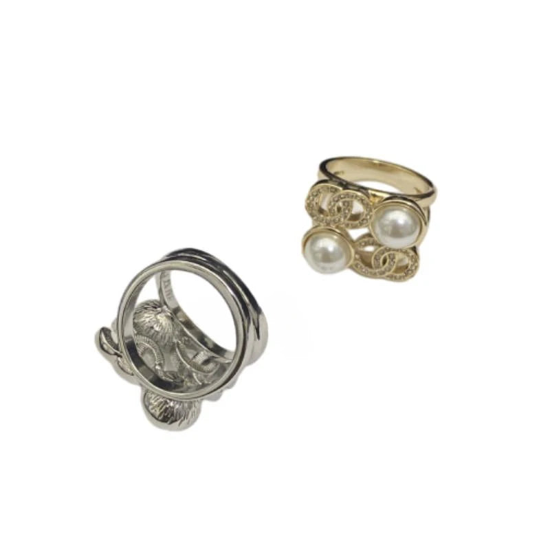 Stylish Two - tone Rings, Pearl - embellished with Chain - like Design, Unique and Gorgeous