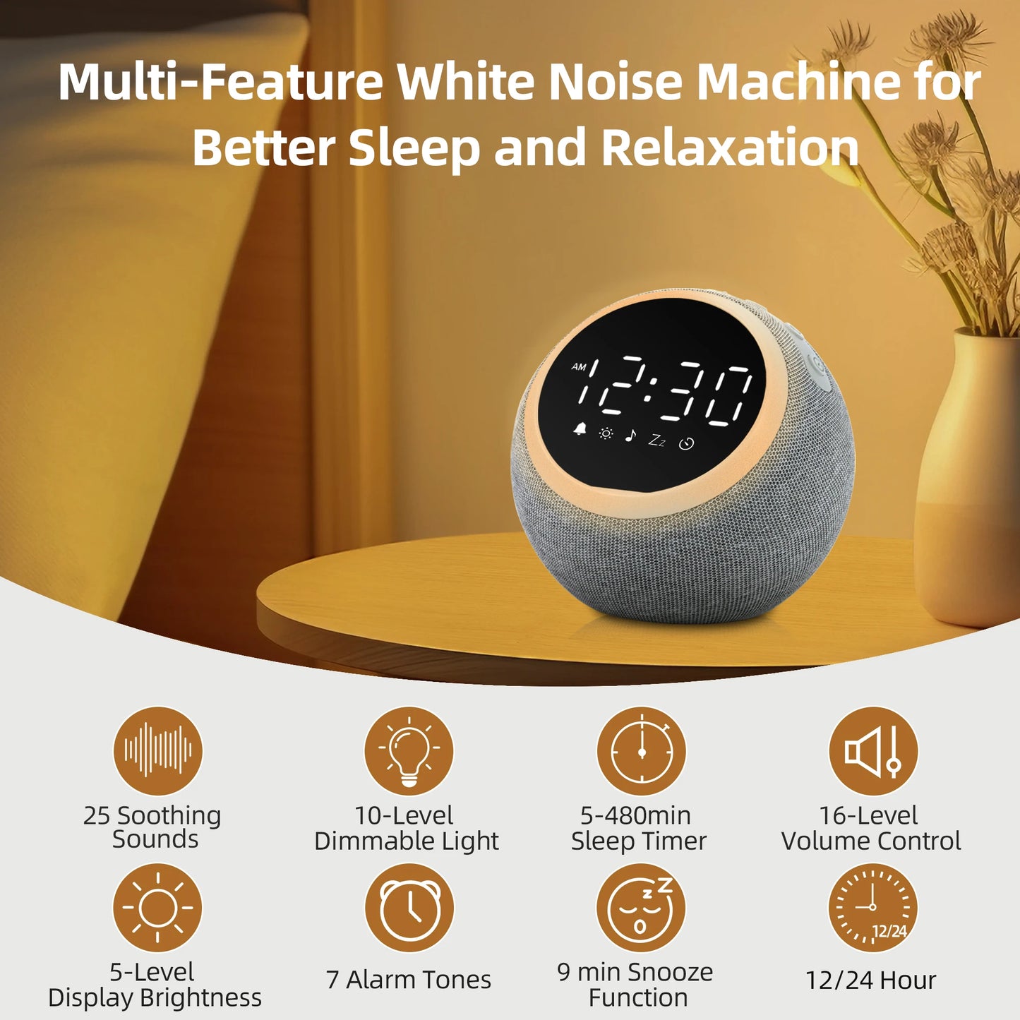 White Noise Sound Machine Alarm Clock with Night Light,-  25 Soothing Sounds, , Dimmable