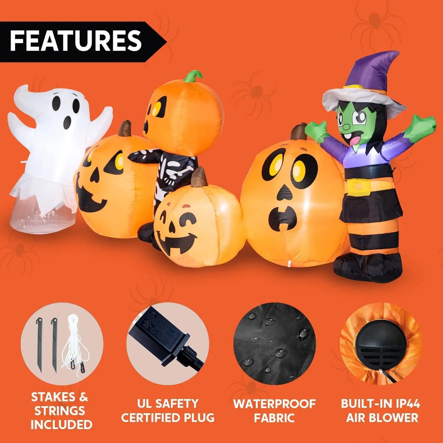 JOYFY 8 ft Long Halloween Inflatable - Three Characters and Pumpkin Patch Outdoor Decoration - Inflatable Witch Ghost Skeleton Yard