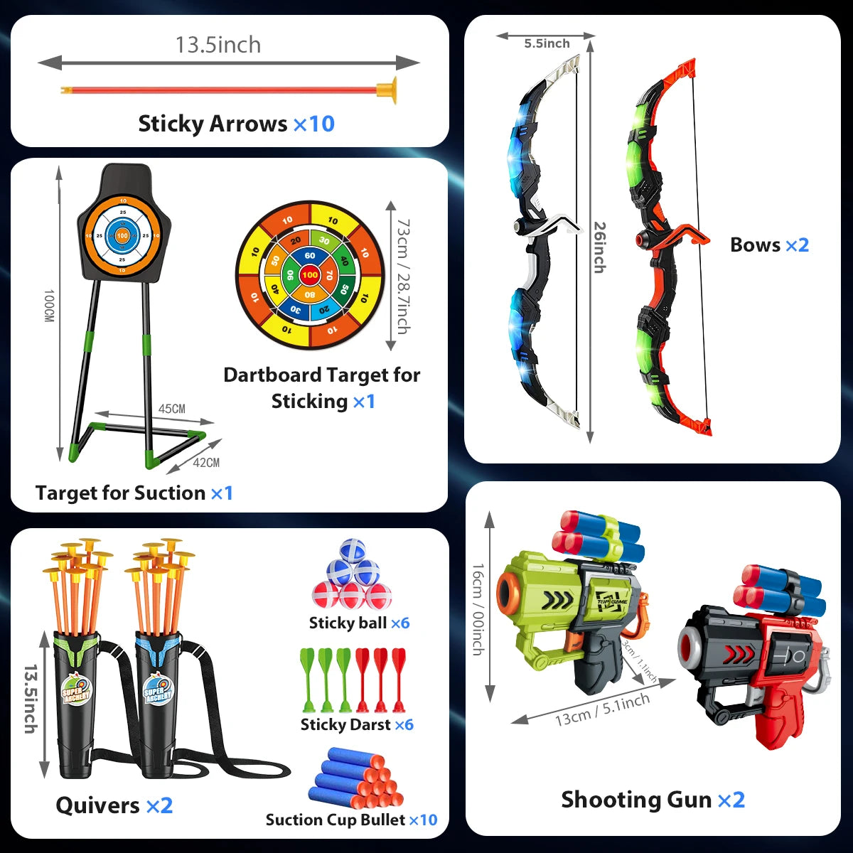 VATOS 2X Bow Arrow + Guns Toy For Kids - LED Light Up Archery with Suction Cup Stand - Target Dart Board Indoor Outdoor Game Toys