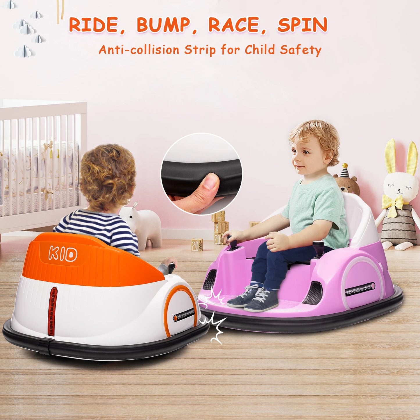 12V Ride On Bumper Car for Kids - Toddlers Electric Bumping Car with Remote Control, Battery Display, LED Lights