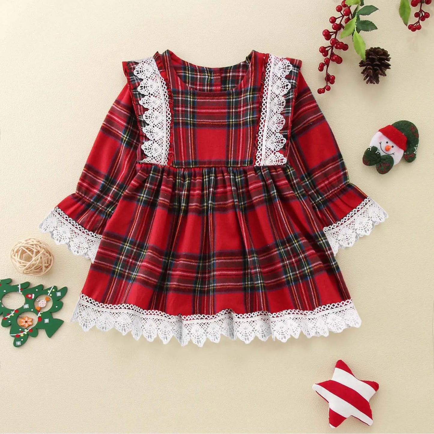 Baby Girl Dress 2025 - Toddler Girls -Christmas Long Sleeved Lace Plaid Printed Patchwork Dress
