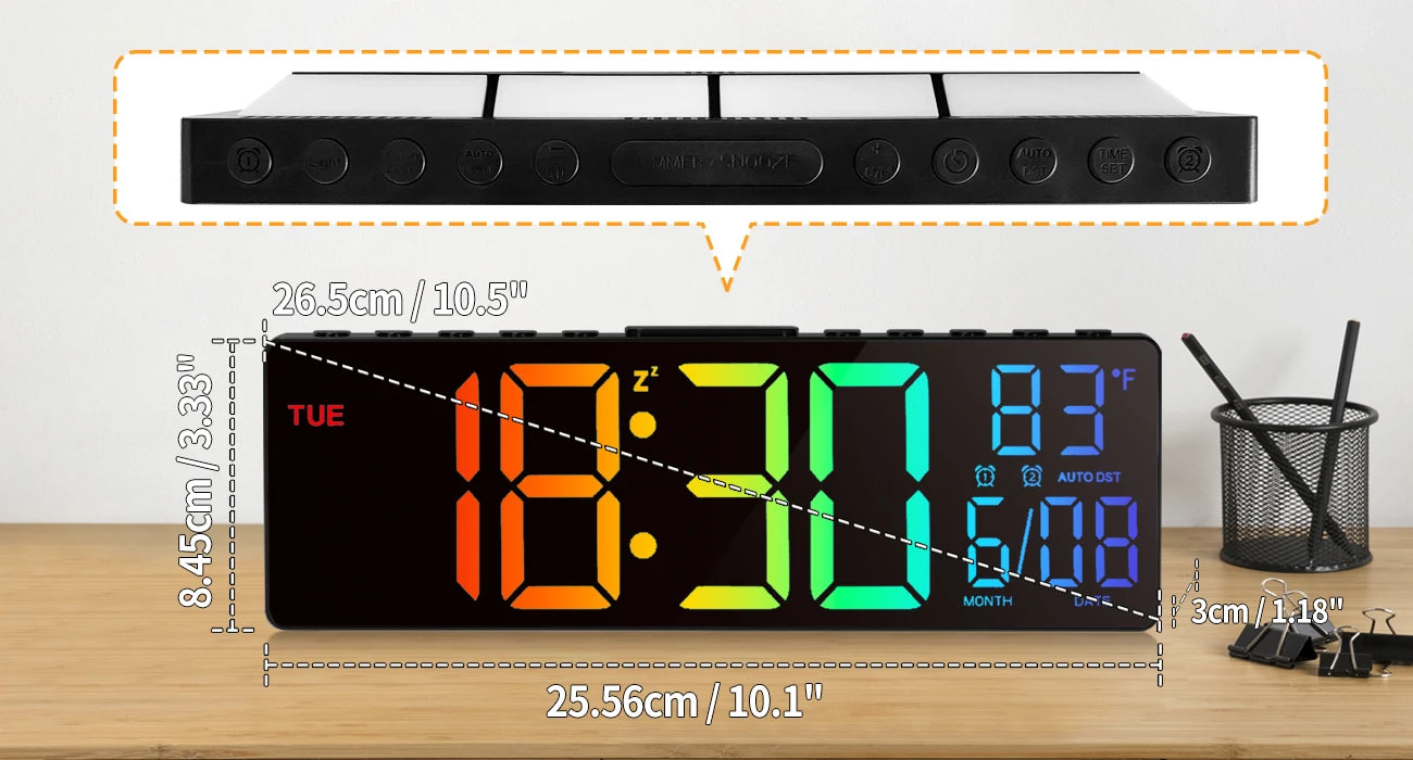 10.5" Digital Wall Clock, LED Display with Remote, Auto DST, Temperature for Living Room, Bedroom, Kitchen