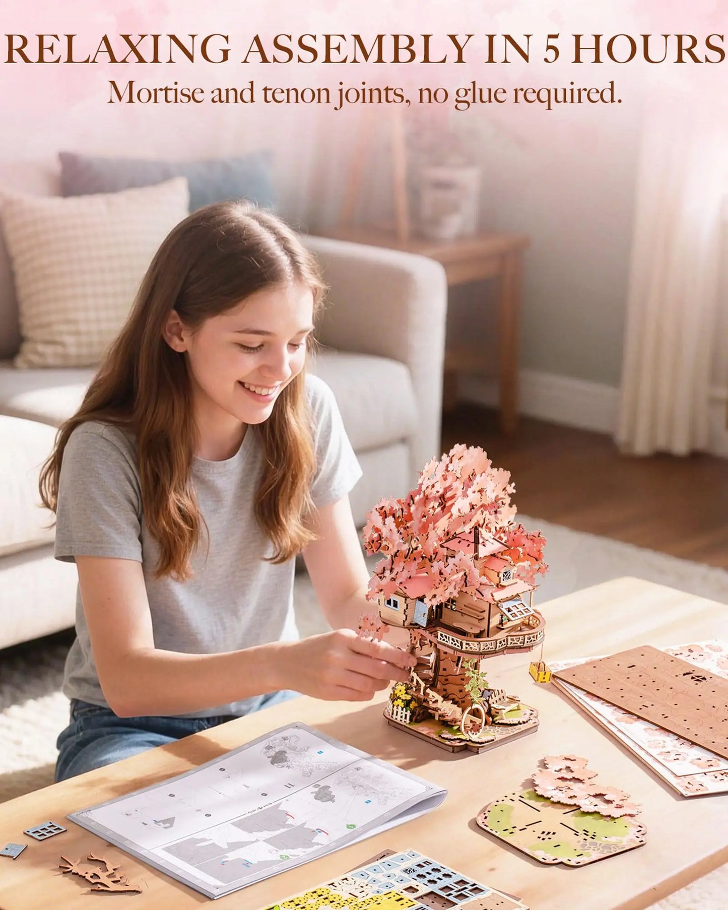 Robotime  Sakura Tree House 3D Wooden Puzzle - Model Kit with Swing Stairs - Perfect Christmas Home Decor- DIY Gift for Adults