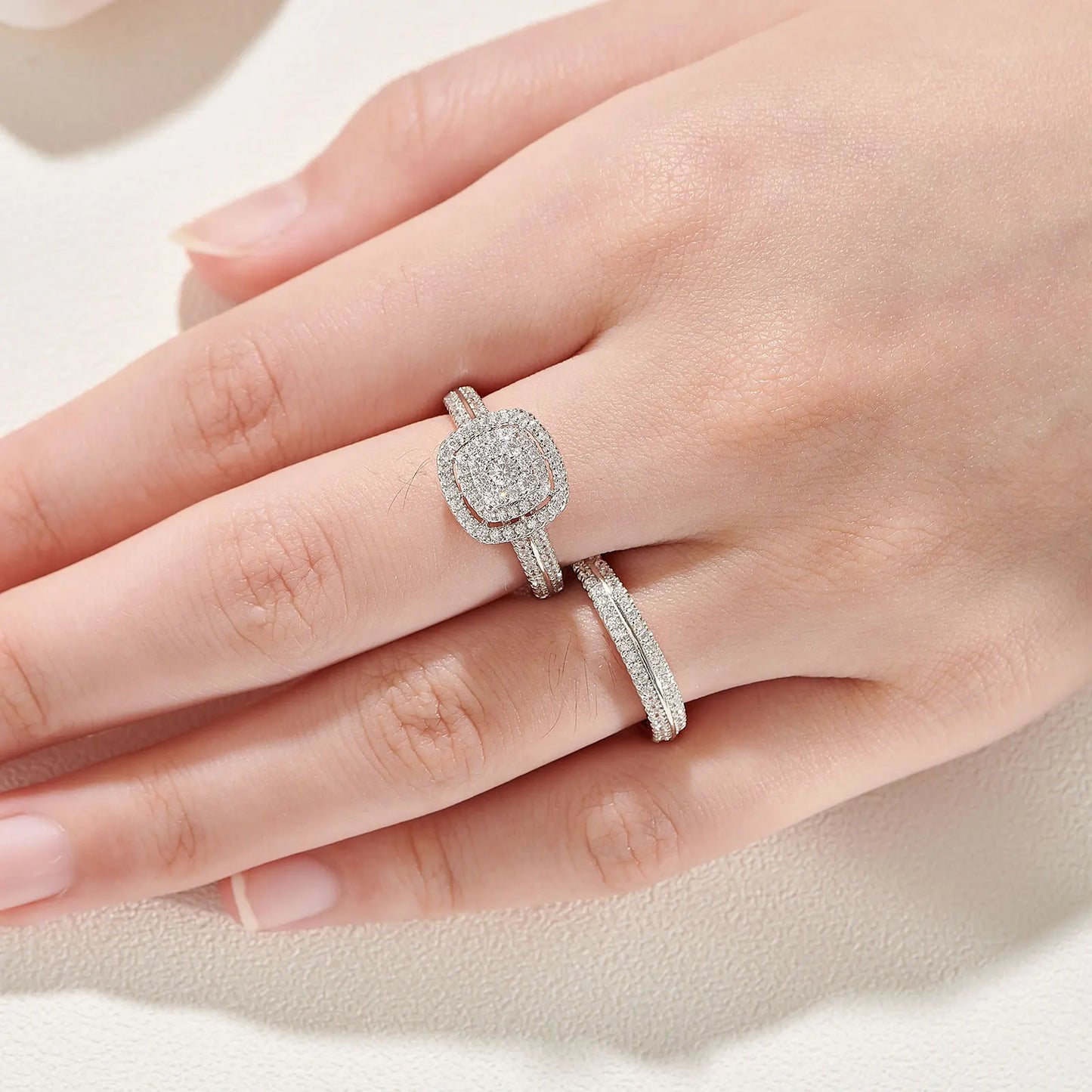 2Pcs Rings for Women - Solid 925 Sterling Silver - Halo Round Cut AAAAA Zircon