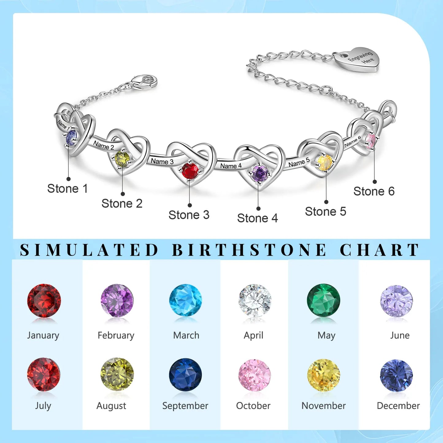 Heart Bracelet with 2-6 Birthstones