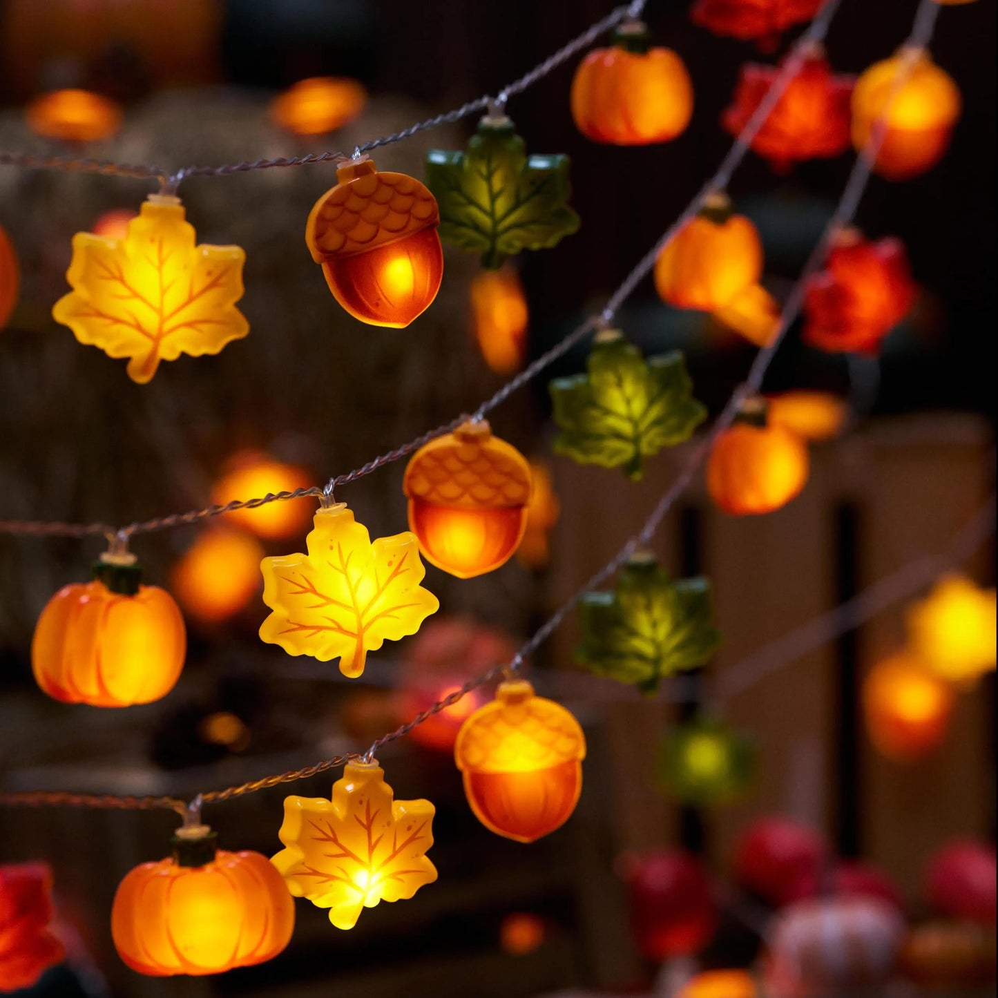 LED Pumpkin Maple Leaf Acorn String Lights， Decoration for Halloween - Thanksgiving - Christmas,