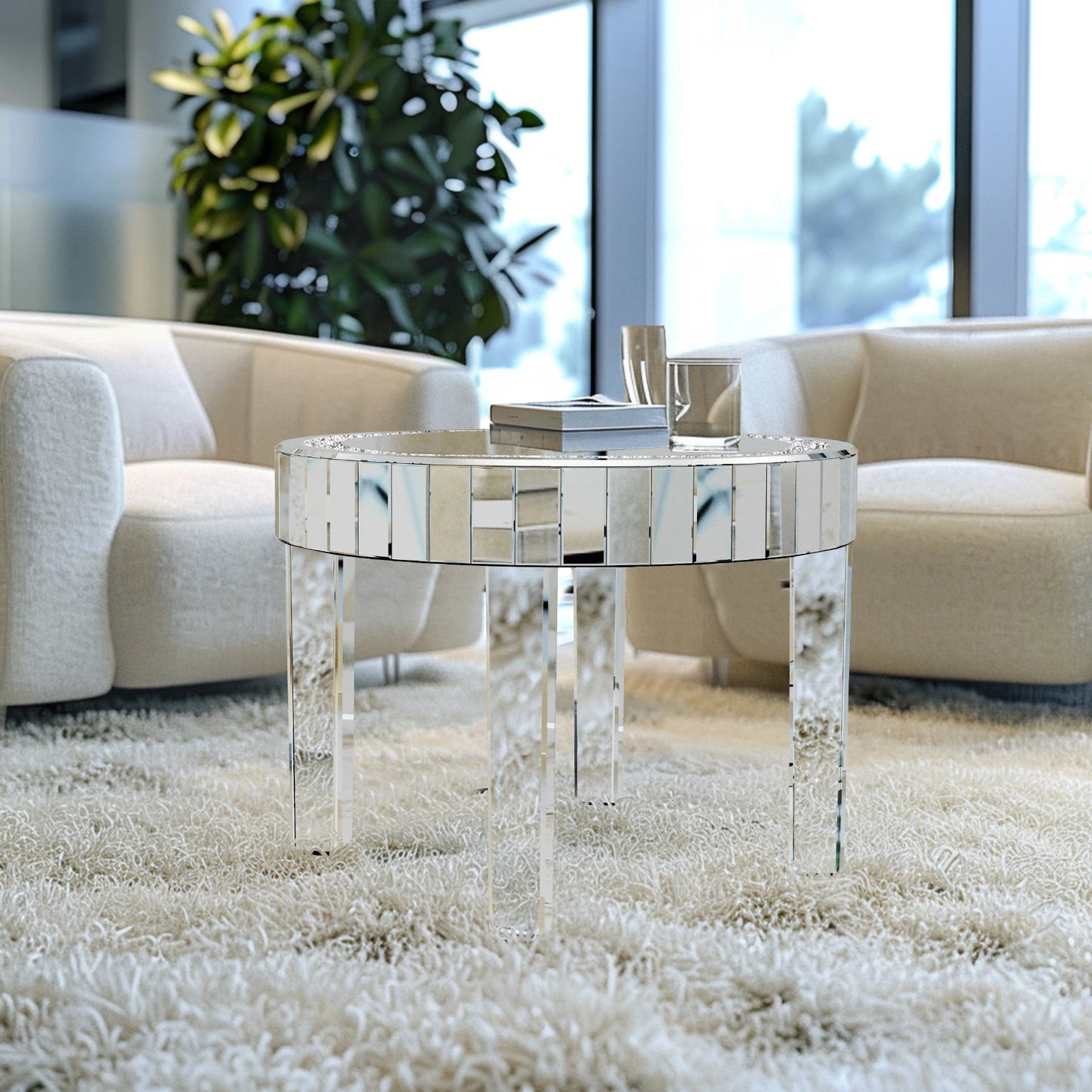 Luxury Modern Round Mirrored Accent Side Table with Crystal Diamonds