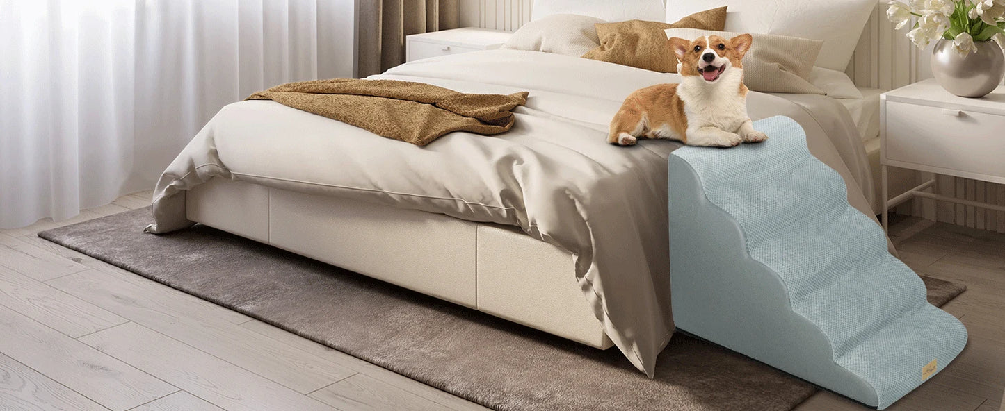 Dog Ramp Step Stairs - 5 Steps - Pet Stairs for High Beds and Sofa - Density Sponge Foam -  Removable Washable Cover