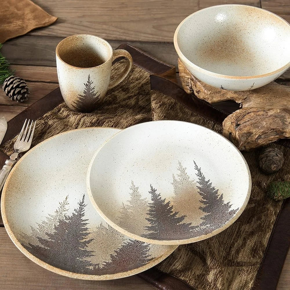 Rustic Dinnerware Set - 16 Piece Pine Tree Ceramic Dishware Quality -Stoneware Plates Bowls Mugs - Microwave - Dishwasher Safe