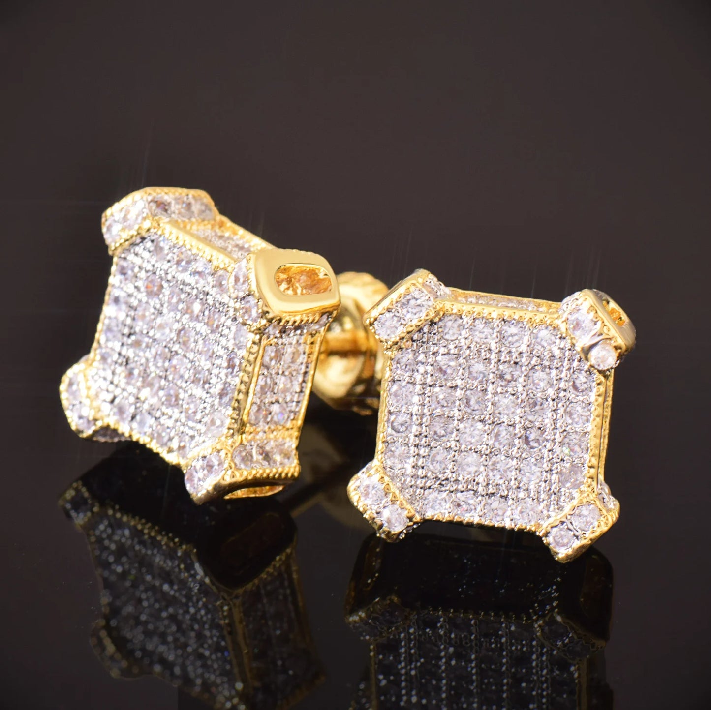 10MM Square Zircon Earring Gold,  silver Color - Men Women Screw Stud Earrings
