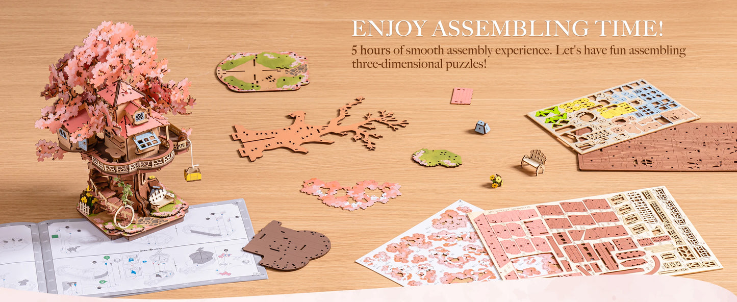 Robotime  Sakura Tree House 3D Wooden Puzzle - Model Kit with Swing Stairs - Perfect Christmas Home Decor- DIY Gift for Adults